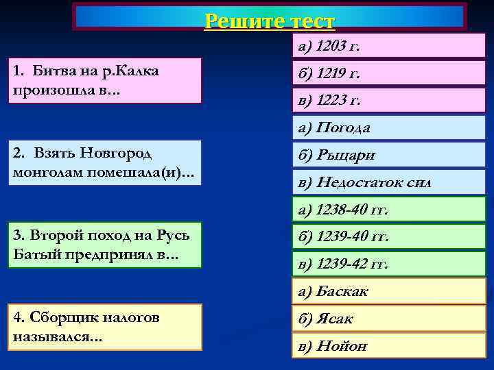 Решите тест а) 1203 г. 1. Битва на р. Калка произошла в. . .