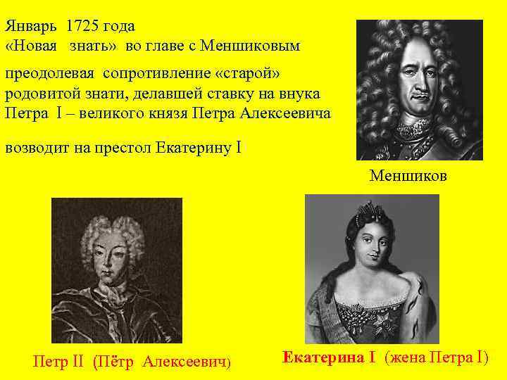 Январь 1725 года «Новая знать» во главе с Меншиковым преодолевая сопротивление «старой» родовитой знати,