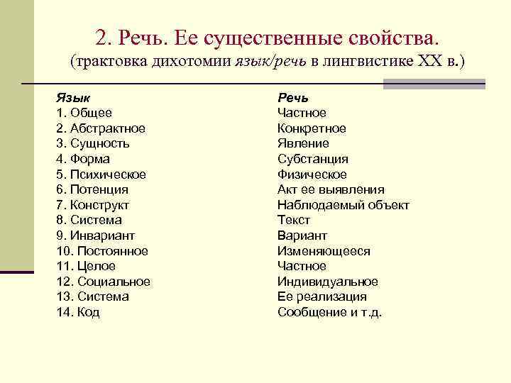 2. Речь. Ее существенные свойства. (трактовка дихотомии язык/речь в лингвистике ХХ в. ) Язык
