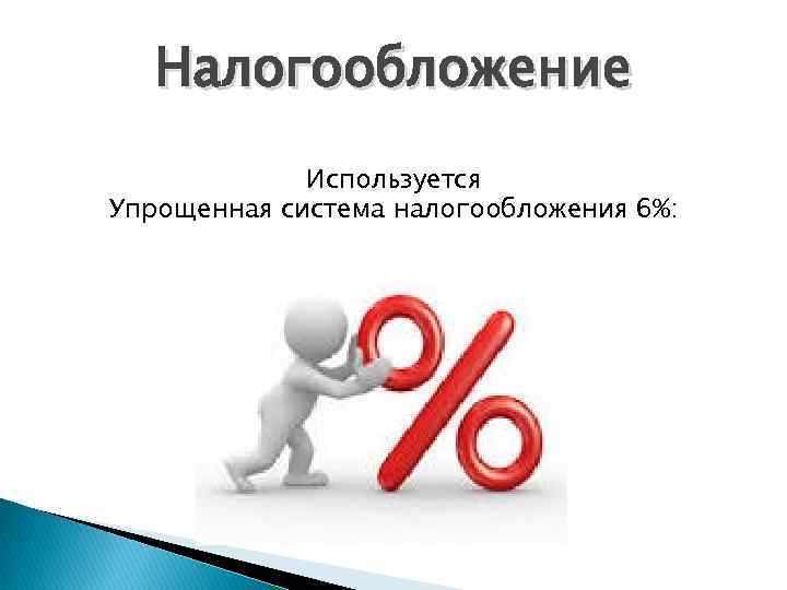 Налогообложение Используется Упрощенная система налогообложения 6%: 