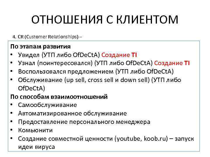 ОТНОШЕНИЯ С КЛИЕНТОМ 4. CR (Customer Relationships) – По этапам развития • Увидел (УТП