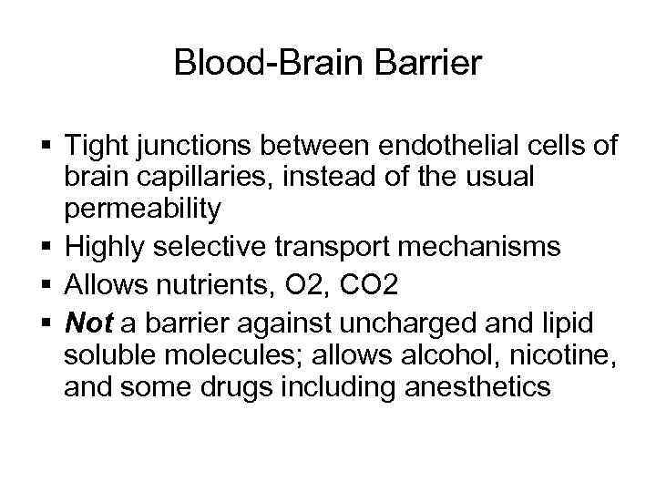 Blood-Brain Barrier § Tight junctions between endothelial cells of brain capillaries, instead of the