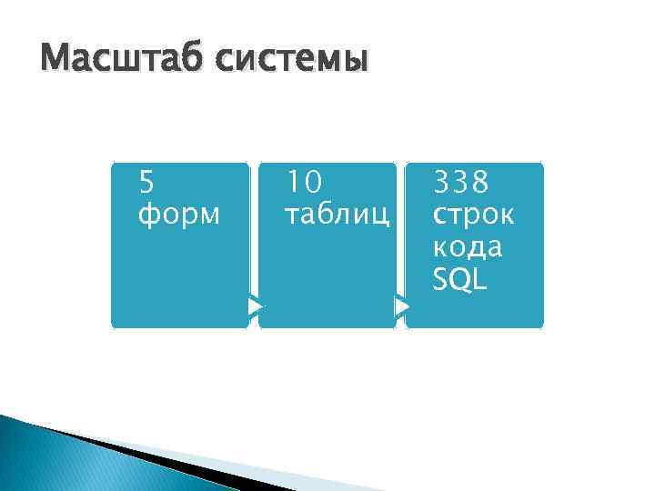 Масштаб системы 5 форм 10 таблиц 338 строк кода SQL 