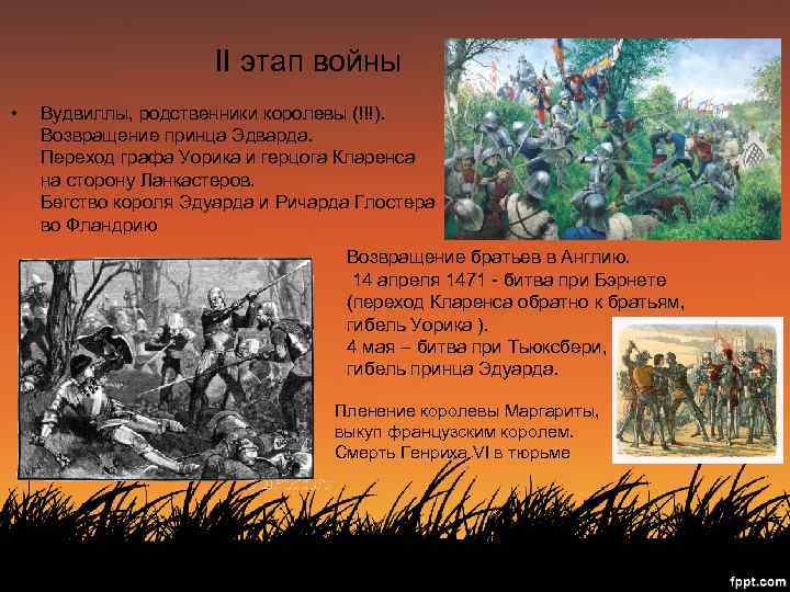II этап войны • Вудвиллы, родственники королевы (!!!). Возвращение принца Эдварда. Переход графа Уорика