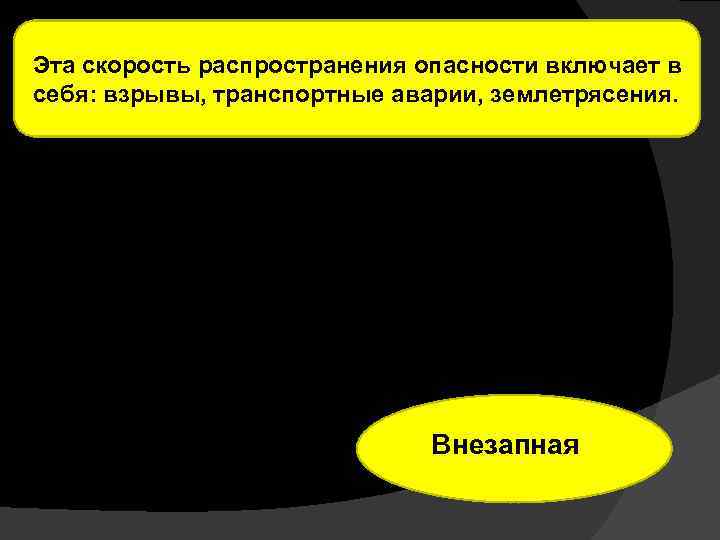 Эта скорость распространения опасности включает в себя: взрывы, транспортные аварии, землетрясения. Внезапная 