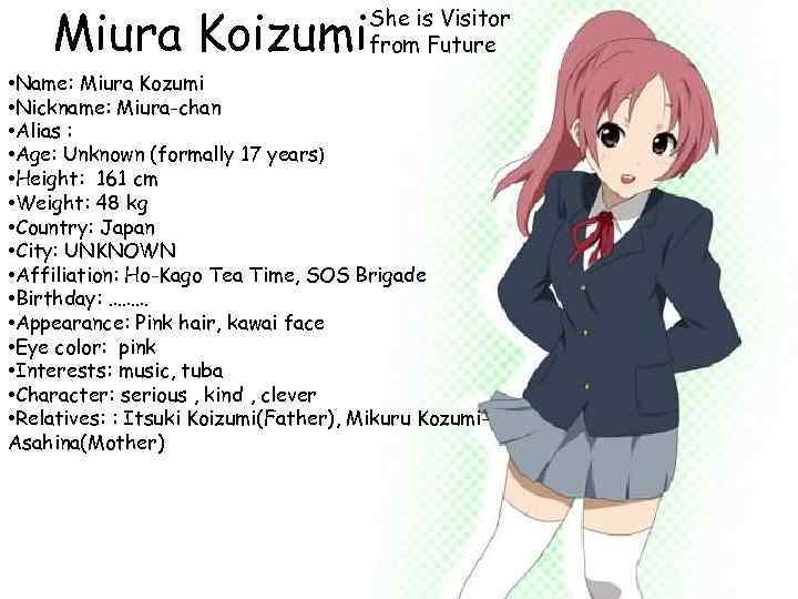 Miura Koizumi She is Visitor from Future • Name: Miura Kozumi • Nickname: Miura-chan