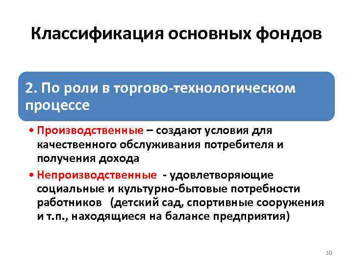 Классификация основных фондов 2. По роли в торгово-технологическом процессе • Производственные – создают условия