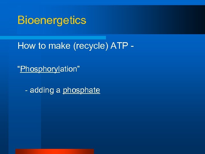 Bioenergetics How to make (recycle) ATP “Phosphorylation” - adding a phosphate 