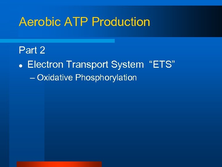 Aerobic ATP Production Part 2 l Electron Transport System “ETS” – Oxidative Phosphorylation 