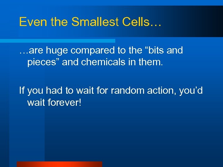 Even the Smallest Cells… …are huge compared to the “bits and pieces” and chemicals