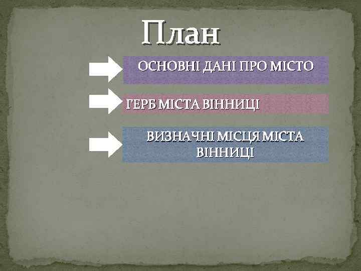 План ОСНОВНІ ДАНІ ПРО МІСТО ГЕРБ МІСТА ВІННИЦІ ВИЗНАЧНІ МІСЦЯ МІСТА ВІННИЦІ 