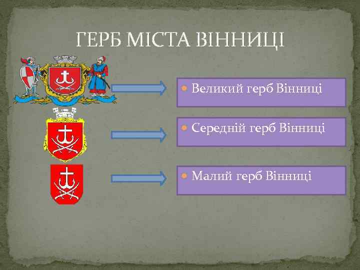 ГЕРБ МІСТА ВІННИЦІ Великий герб Вінниці Середній герб Вінниці Малий герб Вінниці 