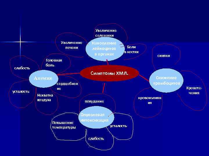 Увеличение селезенки Увеличение печени слабость Боли в костях Головная боль Симптомы ХМЛ. Анемия усталость