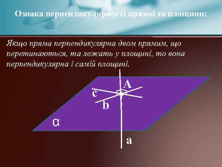 Ознака перпендикулярності прямої та площини: Якщо пряма перпендикулярна двом прямим, що перетинаються, та лежать