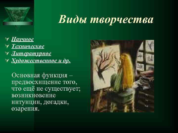 Виды творчества Ú Ú Научное Техническое Литературное Художественное и др. Основная функция – предвосхищение