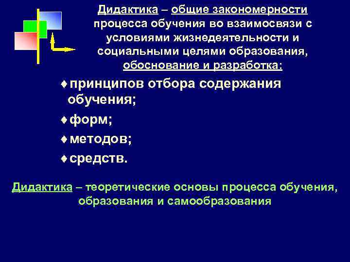 Дидактика – общие закономерности процесса обучения во взаимосвязи с условиями жизнедеятельности и социальными целями