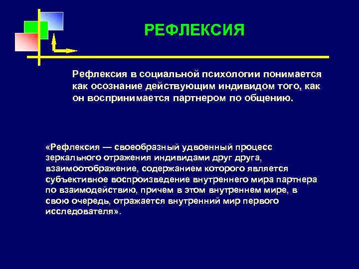 РЕФЛЕКСИЯ Рефлексия в социальной психологии понимается как осознание действующим индивидом того, как он воспринимается