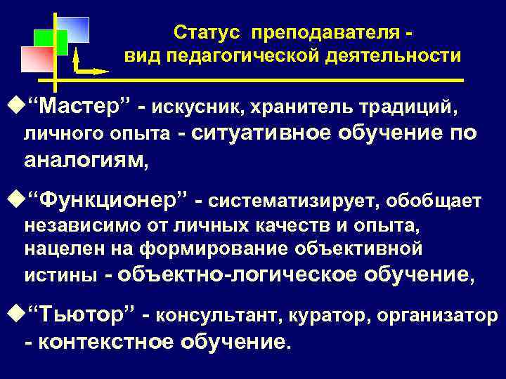Статус преподавателя - вид педагогической деятельности u“Мастер” - искусник, хранитель традиций, личного опыта -