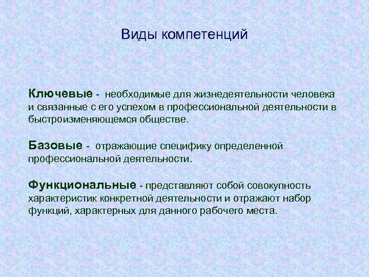Виды компетенций Ключевые необходимые для жизнедеятельности человека и связанные с его успехом в профессиональной