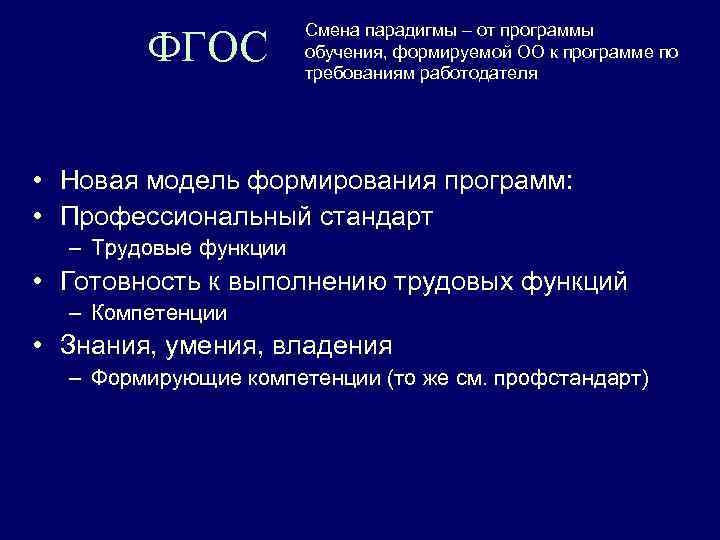 ФГОС Смена парадигмы – от программы обучения, формируемой ОО к программе по требованиям работодателя
