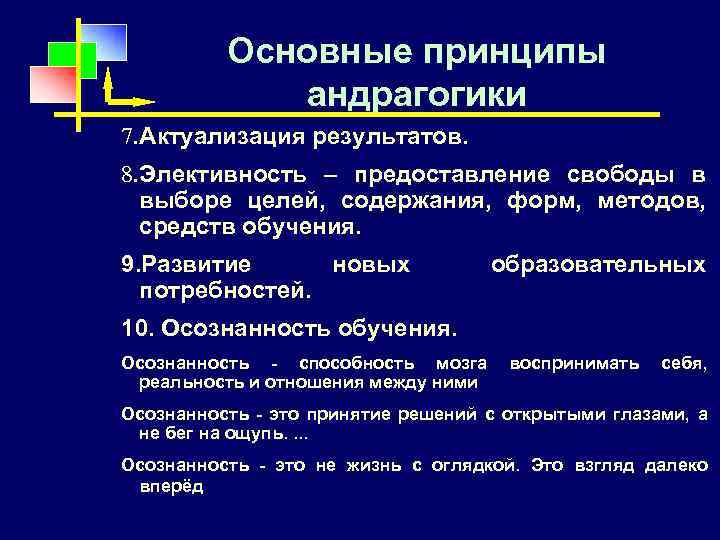 Основные принципы андрагогики 7. Актуализация результатов. 8. Элективность – предоставление свободы в выборе целей,