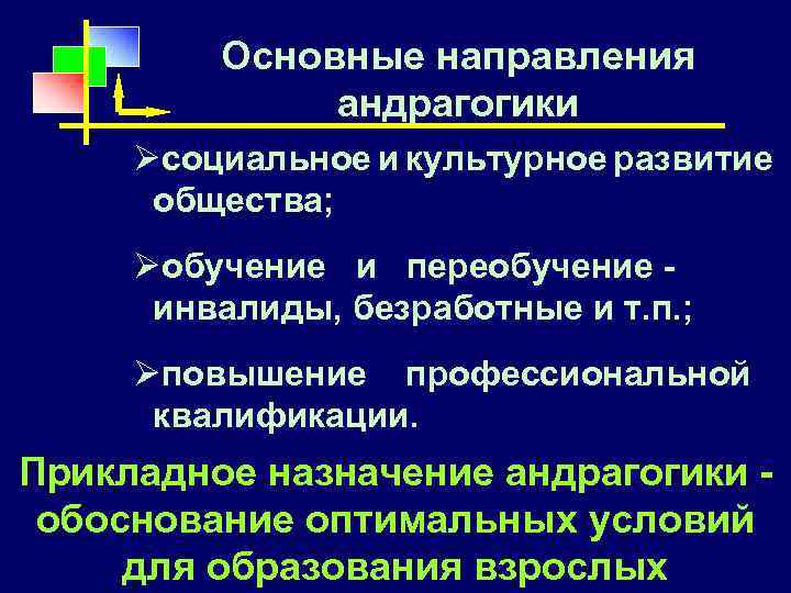 Основные направления андрагогики Øсоциальное и культурное развитие общества; Øобучение и переобучение инвалиды, безработные и