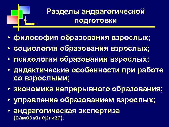 Разделы андрагогической подготовки • • философия образования взрослых; социология образования взрослых; психология образования взрослых;
