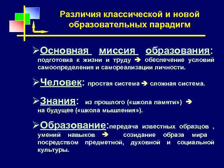Различия классической и новой образовательных парадигм ØОсновная миссия образования: подготовка к жизни и труду
