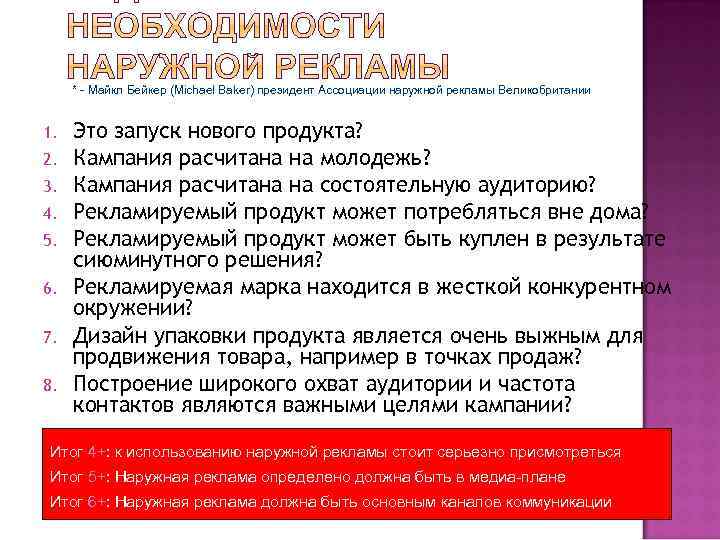 * - Майкл Бейкер (Michael Baker) президент Ассоциации наружной рекламы Великобритании 1. 2. 3.