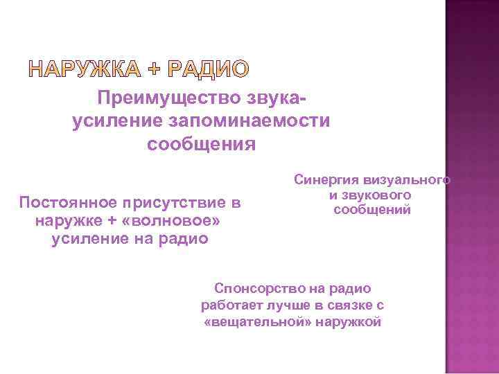 Преимущество звукаусиление запоминаемости сообщения Постоянное присутствие в наружке + «волновое» усиление на радио Синергия