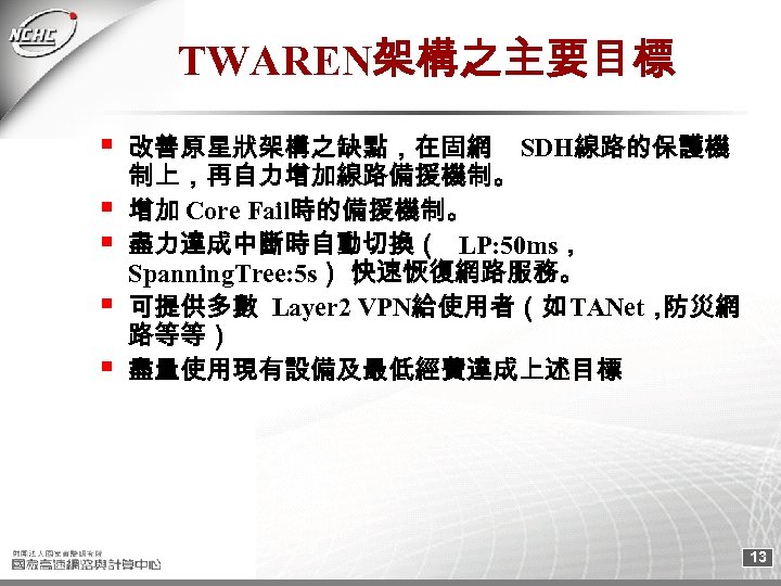 TWAREN架構之主要目標 改善原星狀架構之缺點，在固網 SDH線路的保護機 制上，再自力增加線路備援機制。 增加 Core Fail時的備援機制。 盡力達成中斷時自動切換（ LP: 50 ms， Spanning. Tree: 5
