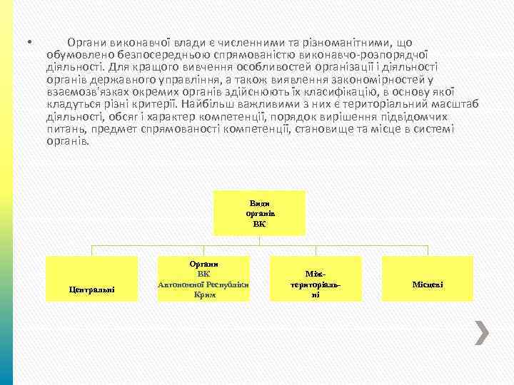  • Органи виконавчої влади є численними та різноманітними, що обумовлено безпосередньою спрямованістю виконавчо