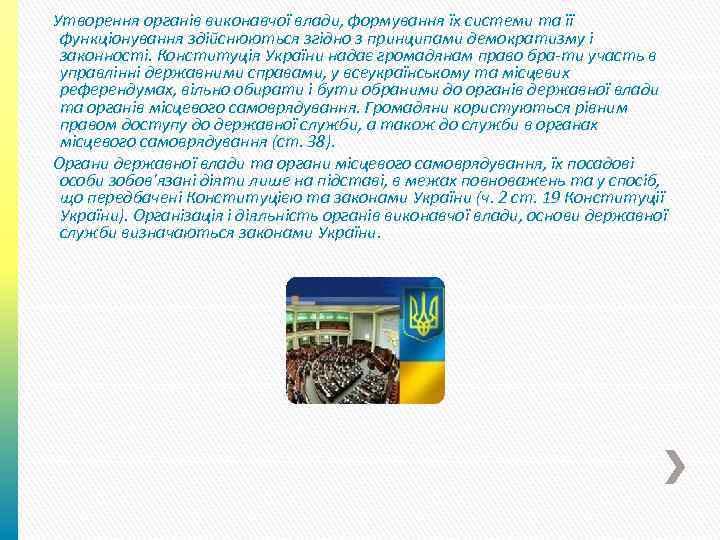 Утворення органів виконавчої влади, формування їх системи та її функціонування здійснюються згідно з принципами