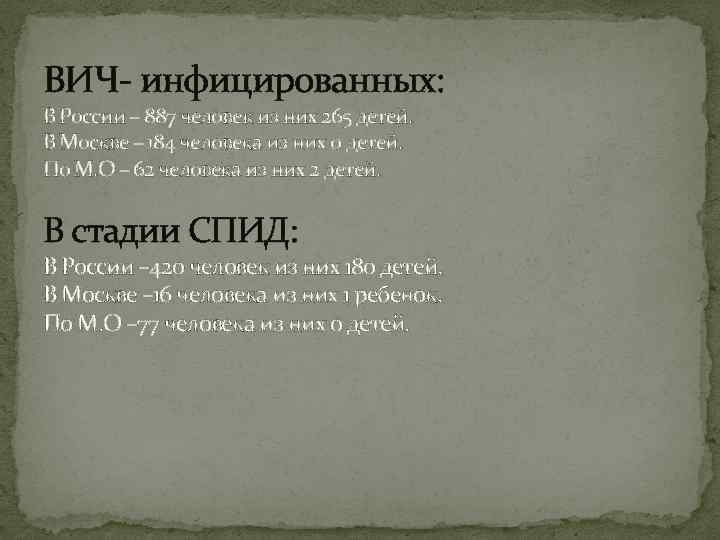 ВИЧ- инфицированных: В России – 887 человек из них 265 детей. В Москве –