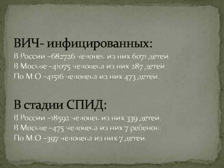 ВИЧ- инфицированных: В России – 682726 человек из них 6071 детей. В Москве –