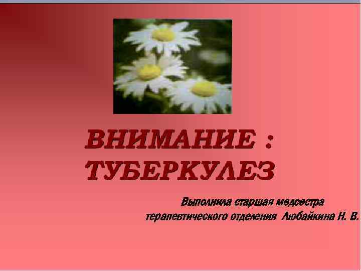 Выполнила старшая медсестра терапевтического отделения Любайкина Н. В. 