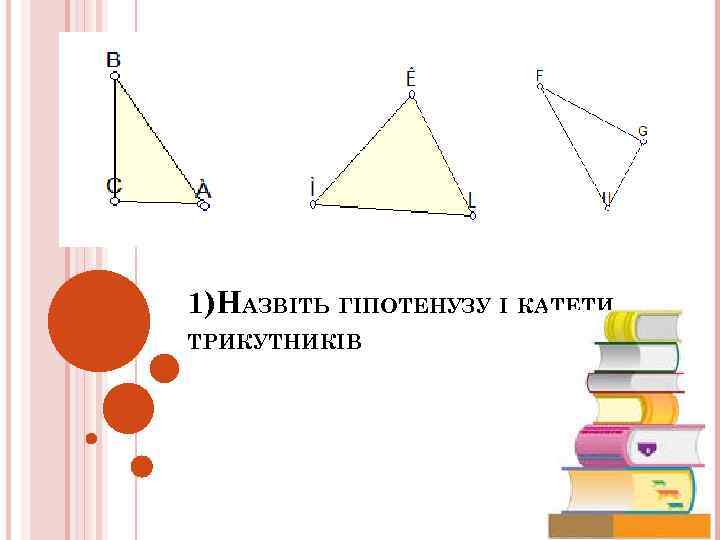 1)НАЗВІТЬ ГІПОТЕНУЗУ І КАТЕТИ ТРИКУТНИКІВ 