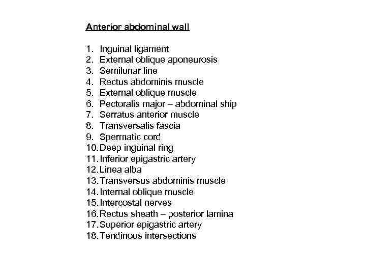 Anterior abdominal wall 1. Inguinal ligament 2. External oblique aponeurosis 3. Semilunar line 4.