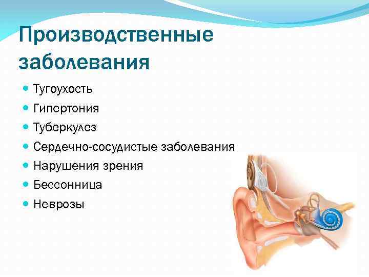 Производственные заболевания Тугоухость Гипертония Туберкулез Сердечно-сосудистые заболевания Нарушения зрения Бессонница Неврозы 