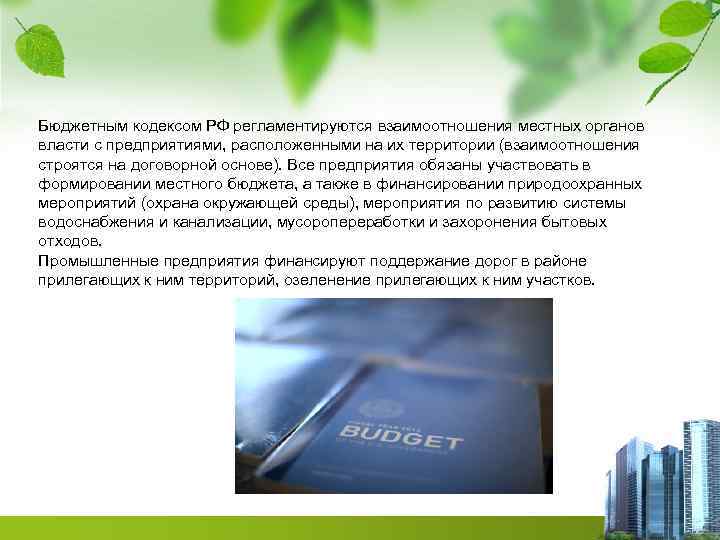 Бюджетным кодексом РФ регламентируются взаимоотношения местных органов власти с предприятиями, расположенными на их территории