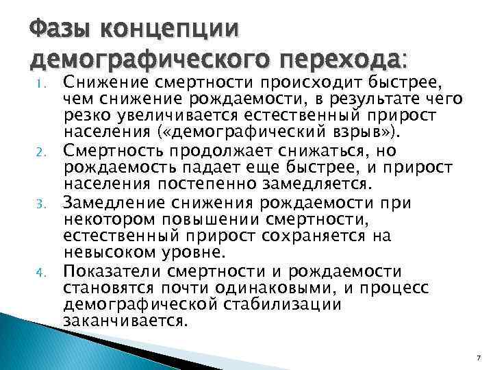 Фазы концепции демографического перехода: 1. 2. 3. 4. Снижение смертности происходит быстрее, чем снижение