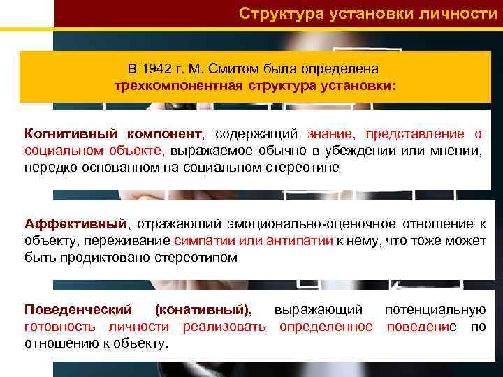 Структура установки личности В 1942 г. М. Смитом была определена трехкомпонентная структура установки: Когнитивный