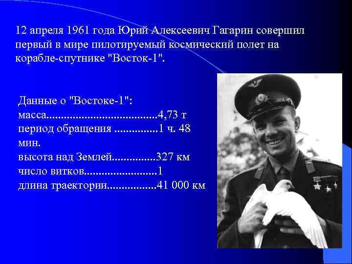 12 апреля 1961 года Юрий Алексеевич Гагарин совершил первый в мире пилотируемый космический полет