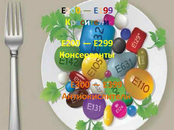 E 100 — E 199 Красители E 200 — E 299 Консерванты E 300