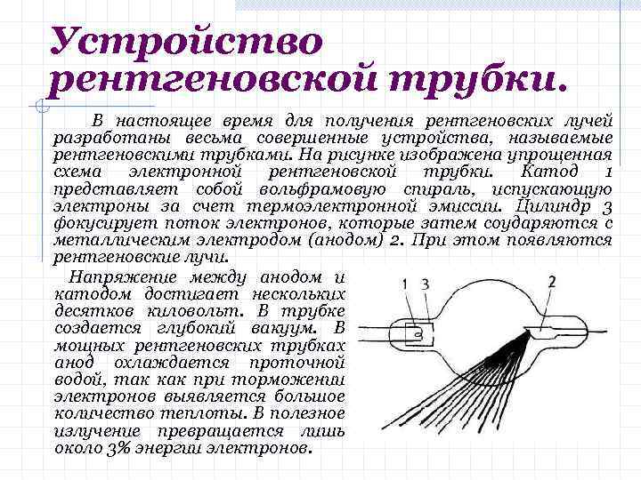 Устройство рентгеновской трубки. В настоящее время для получения рентгеновских лучей разработаны весьма совершенные устройства,