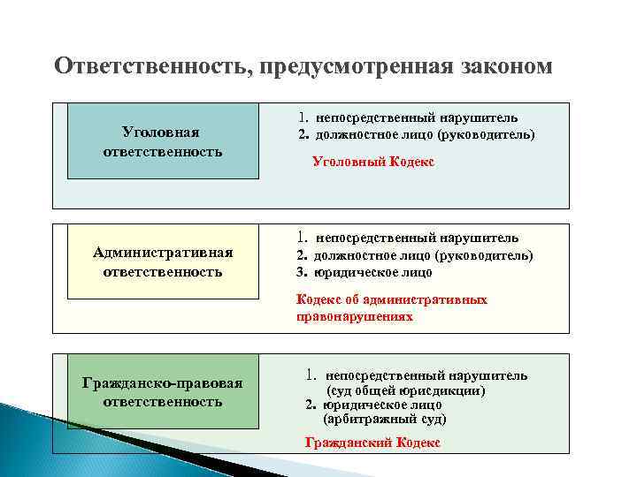 Ответственность, предусмотренная законом Уголовная ответственность Административная ответственность 1. непосредственный нарушитель 2. должностное лицо (руководитель)