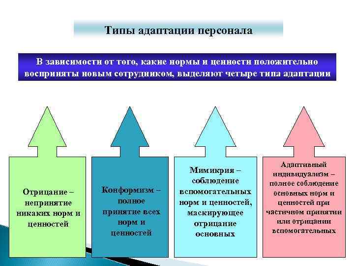 Типы адаптации персонала В зависимости от того, какие нормы и ценности положительно восприняты новым