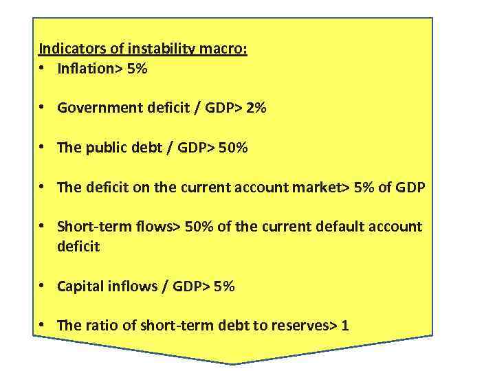 Indicators of instability macro: • Inflation> 5% • Government deficit / GDP> 2% •