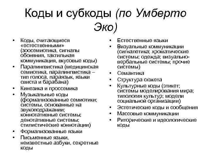 Коды и субкоды (по Умберто Эко) • • • Коды, считающиеся «естественными» (зоосемиотика, сигналы