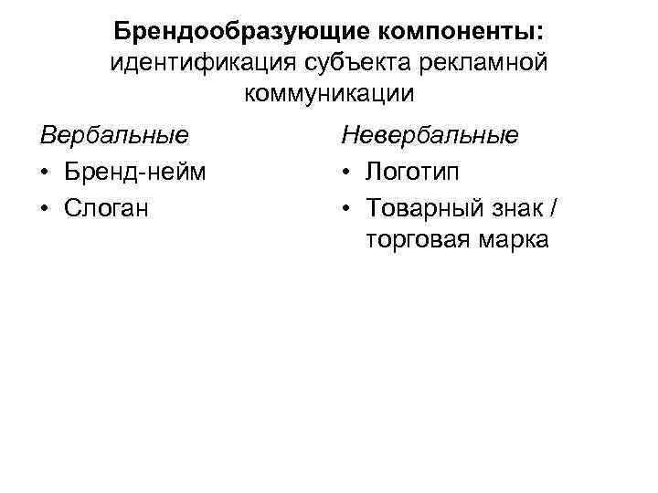 Брендообразующие компоненты: идентификация субъекта рекламной коммуникации Вербальные • Бренд-нейм • Слоган Невербальные • Логотип